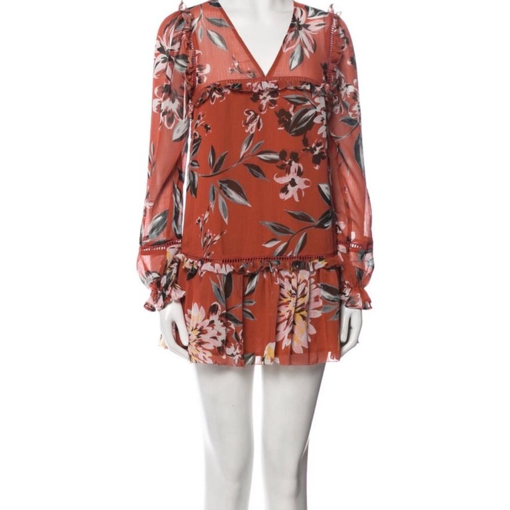 Tularosa Orange Floral Ruffle Hem Bishop Sleeve V-Neck Mini Dress Size XS